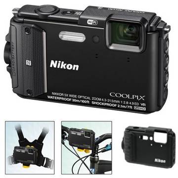 Aparat foto digital Nikon Coolpix AW130 - Set drumetii, ecran 3 inch, 16 MP, zoom 5x, negru