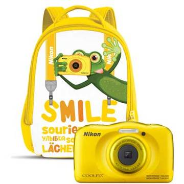 Aparat foto digital Nikon Coolpix W100, 2.7 inch, 13.2 MP, zoom 3x, galben, cu rucsac