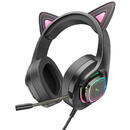 Hoco Casti Gaming Jack 3.5mm cu LED si Microfon - Hoco Cat Ears (W107)  - Black / Pink