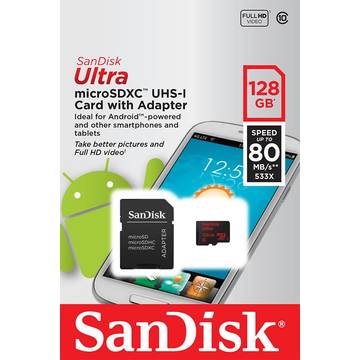 Card memorie microSDXC SDSQUNC-128G-GN6MA, SanDisk ULTRA, 128GB, UHS-I, 80MB/s, Android, + adapter SD