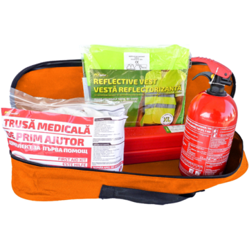 RoGroup Kit siguranta auto – trusa medicala, 2 x triunghi, stingator, vesta + geanta depozitare