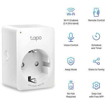 PRIZA inteligenta TP-LINK Tapo P100(4-pack) Schuko x 1, conectare prin Schuko (T), 10 A, programare prin smartphone, Bluetooth, WiFi, alb