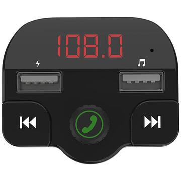 Modulator FM MODULATOR AUTO FM SPACER, Bluetooth 5.0, 2xUSB max. 5V/3.1A, 12V-24V, max. 10-15m, mic max. 0-1m, format MP3/WMA, 206 canale 87.5-108Mhz, USB disk, microSD,  answer/reject/hang up/redial, protectie circuit, black, "SPFM-02"