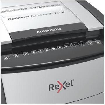 Distrugator documente REXEL OPTIMUM 750X, P4, cross-cut (confeti), 750 coli, cos 140l negru