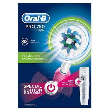 ORAL-B PRO 750 3D White, 40000 pulsatii/min, 8800 oscilatii/min, Curatare 3D, 1 program, 1 capat, Trusa de calatorie, Alb/Roz