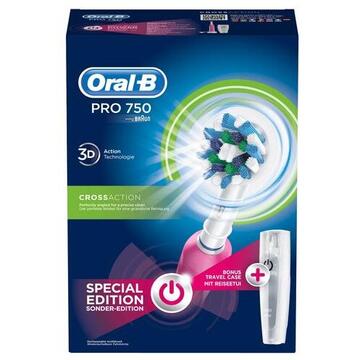 ORAL-B PRO 750 3D White, 40000 pulsatii/min, 8800 oscilatii/min, Curatare 3D, 1 program, 1 capat, Trusa de calatorie, Alb/Roz