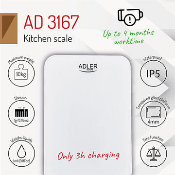 Cantar de bucatarie Adler AD 3167w 10kg USB charged
