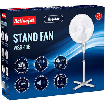 Ventilator Stand Fan Activejet Regular WSR-40B, Ventilator, 50W, 3 trepte viteza, Oscilatie verticala: 20˚, Oscilatie orizontala: 80˚, Alb,