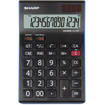 Calculator de birou Calculator de birou, 14 digits, 176 x 112 x 13 mm, dual power, SHARP EL-145TBL - negru