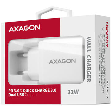 Incarcator de retea AXAGON ACU-PQ22W USB 3.0 + USB-C 22W White