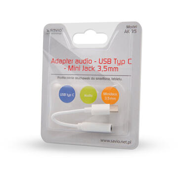 Accesorii Audio Hi-Fi SAVIO USB Type 3.1 C (M) – Jack 3.5mm (F) Audio adapter White AK-35
