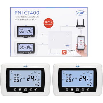 Termostat inteligent PNI CT400 fara fir, cu WiFi, control 2 zone prin Internet, pentru centrale termice, pompe, electrovalve, APP TuyaSmart, histerezis 0.2 grade C