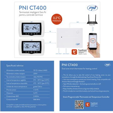 Termostat inteligent PNI CT400 fara fir, cu WiFi, control 2 zone prin Internet, pentru centrale termice, pompe, electrovalve, APP TuyaSmart, histerezis 0.2 grade C