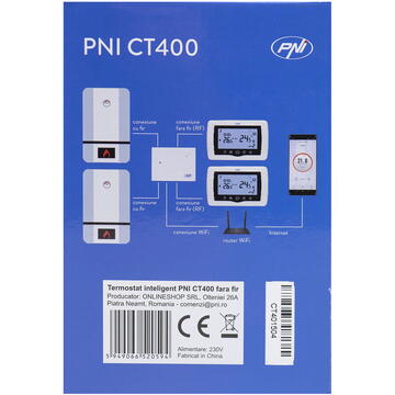 Termostat inteligent PNI CT400 fara fir, cu WiFi, control 2 zone prin Internet, pentru centrale termice, pompe, electrovalve, APP TuyaSmart, histerezis 0.2 grade C
