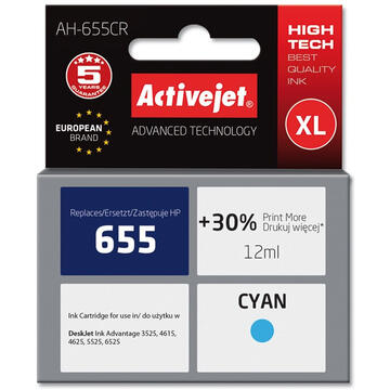 Activejet AH-655CR ink for HP printer; HP 655 CZ110AE replacement; Premium; 12 ml; cyan