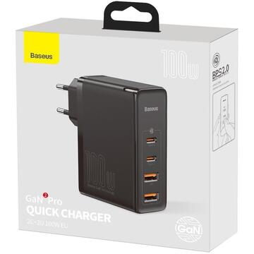 Incarcator de retea Baseus GaN2 Pro Quick Charge Black (2 x Type-C, 2 x USB, 100W)