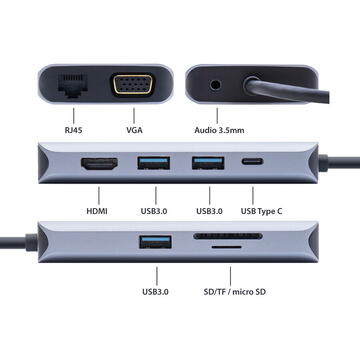 Adaptor multiport PNI MP10 USB-C la HDMI, VGA, 3 x USB 3.0, SD/TF, RJ45, audio 3.5, USB-C PD, 10 iesiri