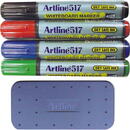 Artline Kit markere tabla de scris+burete magnetic, ARTLINE 517 - Dry safe ink, varf rotund 2.0mm, 4 cul/set