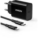 UGREEN CD137, 20W PD 3.0 USB-C Wall Charger (black) + cable IP to USB-C (black)