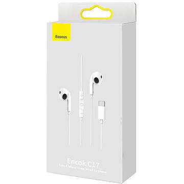 Casti Baseus Encok C17, pt smartphone, control volum + microfon pe fir, conectare prin cablu USB Type-C, lungime cablu 1.1m, alb