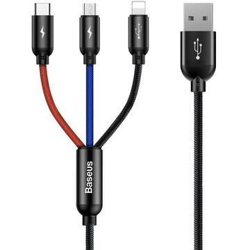 Baseus 3 In 1, USB-C, tip Lightning, Micro USB, 3.5A, 0.3m, Negru