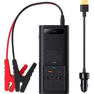 Invertor auto auto Baseus, IGBT, 2 x AC, 1 x USB Type-C, 1 x USB, 300W 220V, conectare auto 12V, negru