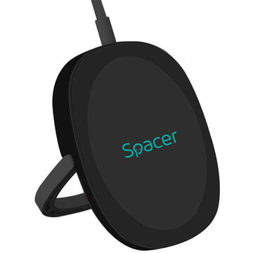 Incarcator de retea INCARCATOR wireless SPACER 2 in 1 cu suport inclus, compatibil prindere magnetica Iphone, Quick Charge 15W Qi, conector Type-C, negru "SPAR-WCHGQ-02" (include TV 0.18lei)