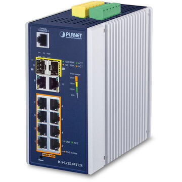 Switch PLANET IGS-5225-8P2T2S network switch Managed L2+ Gigabit Ethernet (10/100/1000) Power over Ethernet (PoE) Blue, White