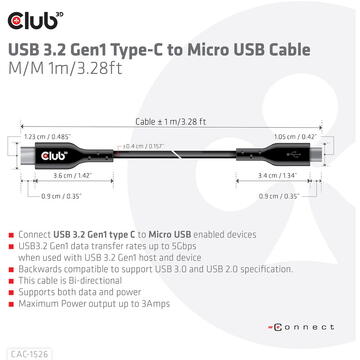 Club 3D CLUB3D USB 3.2 Gen1 Type-C to Micro USB Cable M/M 1m /3.28ft