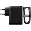 GaN USB-C + USB wall charger, 100W + 1m cable (black)