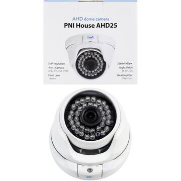 Camera de supraveghere Camera supraveghere video PNI House AHD25 5MP, dome, lentila 3.6mm, 36 LED-uri IR, de exterior sau interior, IP66