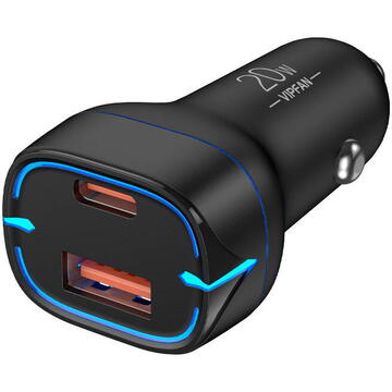 Vipfan C11 car charger, USB + USB-C, PD 20W + QC 3.0, LED (black)