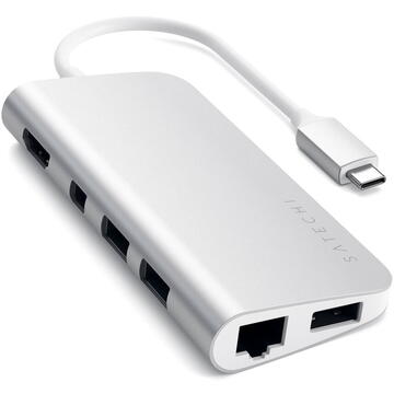 SATECHI Adaptor Hub USB-C Multimedia aluminiu HDMI 4K Ethernet MicroSD MiniDP Argintiu