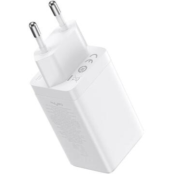 Incarcator de retea Baseus GaN5 Pro, 2 porturi USB C si 1 port USB, Cablu USB C la USB C, 65W, Alb