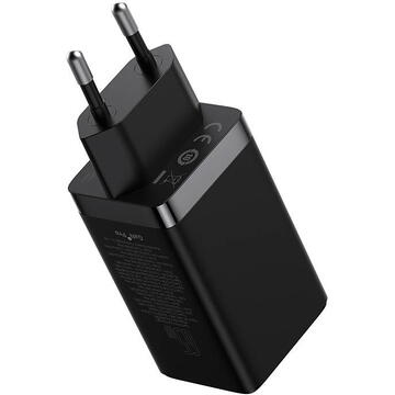 Incarcator de retea Baseus GaN5 Pro, 2 porturi USB C si un port USB, Cablu USB C la USB C inclus, 65W, Negru