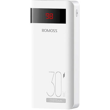 Baterie externa Romoss Sense 6PS PRO 20000 mAh 30W, PD & QC3.0, 2 x USB Fast Charging, Type-C, tip Lightning, Micro USB, afisaj digital LED, Alb