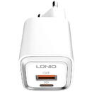 Ldnio A2318M USB-C+USB, 20W, Alb + Cablu USB-C la Lightning