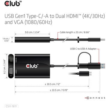 Club 3D Club3D CSV-1611 USB GEN1 TYPE-C/-A TO DUAL HDMI™ (4K/30HZ) / VGA (1080/60HZ)