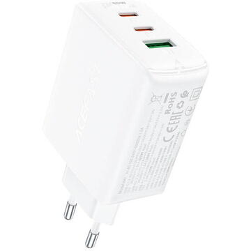 Incarcator de retea Acefast A41 wall charger, 2x USB-C + USB, GaN 65W Alb