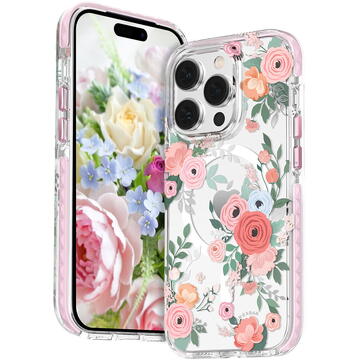 Husa Kingxbar Flora Series magnetic case for iPhone 14 Pro Max MagSafe decorated with rose flowers print