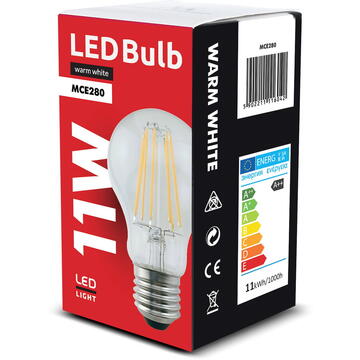 MACLEAN Bec cu filament LED , E27, 11W, 230V, WW alb cald 3000K, 1500lm decorativ Retro Edison A60, MCE280
