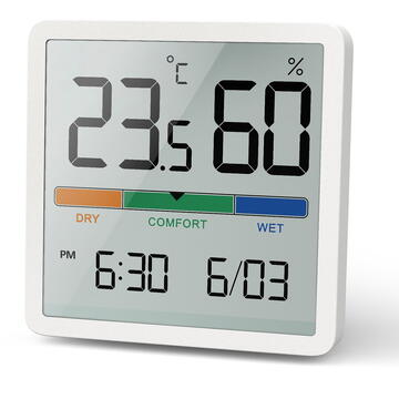 Termometru/Higrometru cu funcție de ceas și dată, GreenBlue, baterie CR2032, interval de temperatură -9,9 grade C până la +60 grade C, GB380
