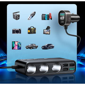 9in1 laptop car charger JOYROOM 154W - 5x USB / 1x USB Type C / 3x cigarette lighter socket Power Delivery / Quick Charge / PPS / AFC / FCP black