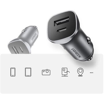 Ugreen car charger USB Type C / USB 24W Power Delivery Quick Charge gray (30780)