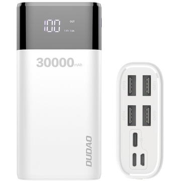 Baterie externa Dudao K8Max 30.000 mAh, 4 Porturi USB + Lighting / USB C / Micro USB, 4A, Display Led, Alb