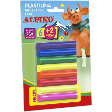 Articole pentru scoala Plastilina standard, 6 + 2 neon x 12 gr./blister, ALPINO - 8 culori asortate
