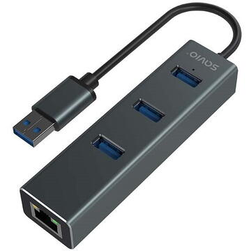 Savio AK-57 USB-A - 3 x USB-A HUB with RJ-45 Gigabit Ethernet adapter, 5000 Mbit/s, grey