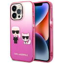Husa telefon Karl Lagerfeld pentru iPhone 14 Pro, Gradient Karl and Choupette, Plastic, Roz