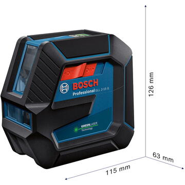 Bosch line laser GLL 2-15 G Professional, with bracket, cross line laser (blue/black, case, ceiling clamp, green laser lines)