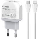 Ldnio A2316C 1xUSB, 1xUSB-C, 20W, Alb + Cablu USB-C la Lightning